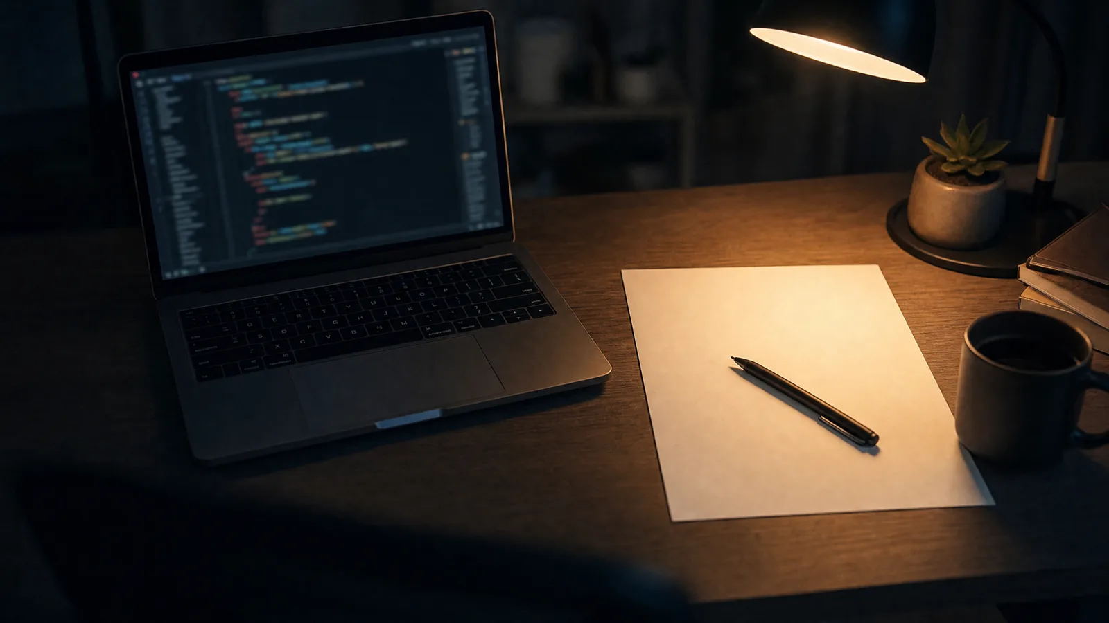 A blank sheet of paper and a pen beside a laptop on a desk at night.