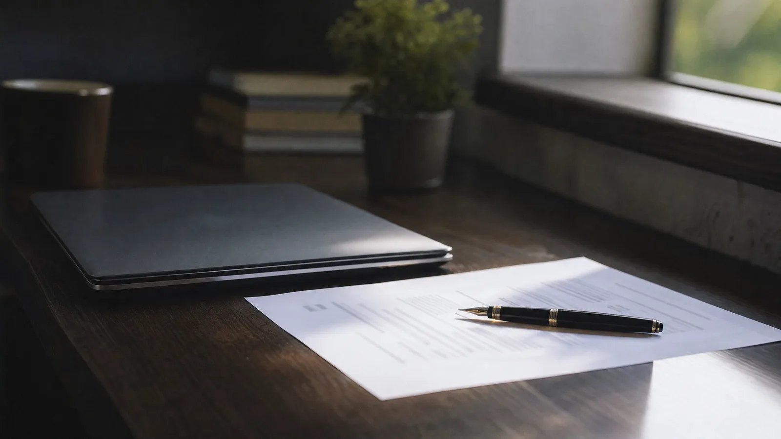 A printed CV on a wooden desk with a fountain pen resting across it.
