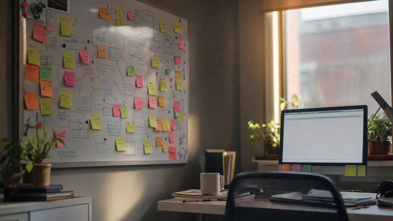 A small office corner with a whiteboard covered in sticky notes and a monitor showing a spreadsheet.