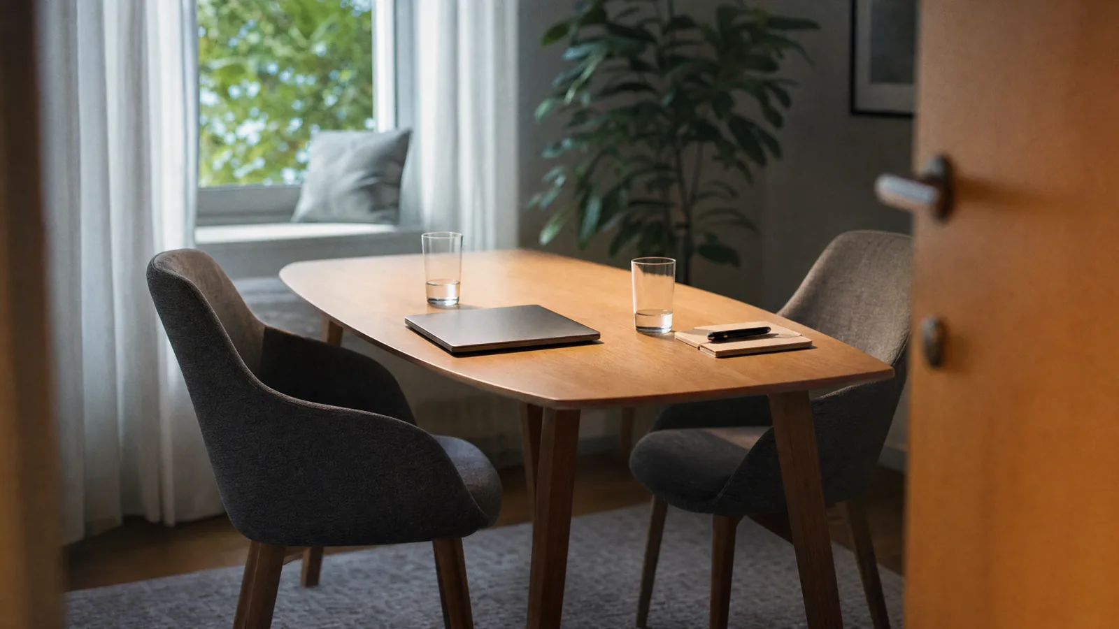A bright meeting room with two chairs facing each other across a wooden table.
