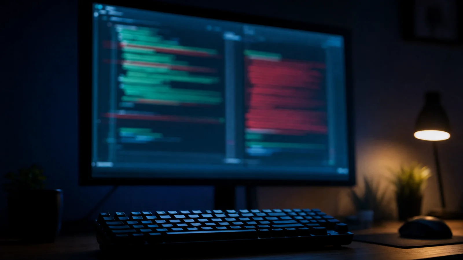 A monitor in a dark room showing a blurred code diff with green and red lines.