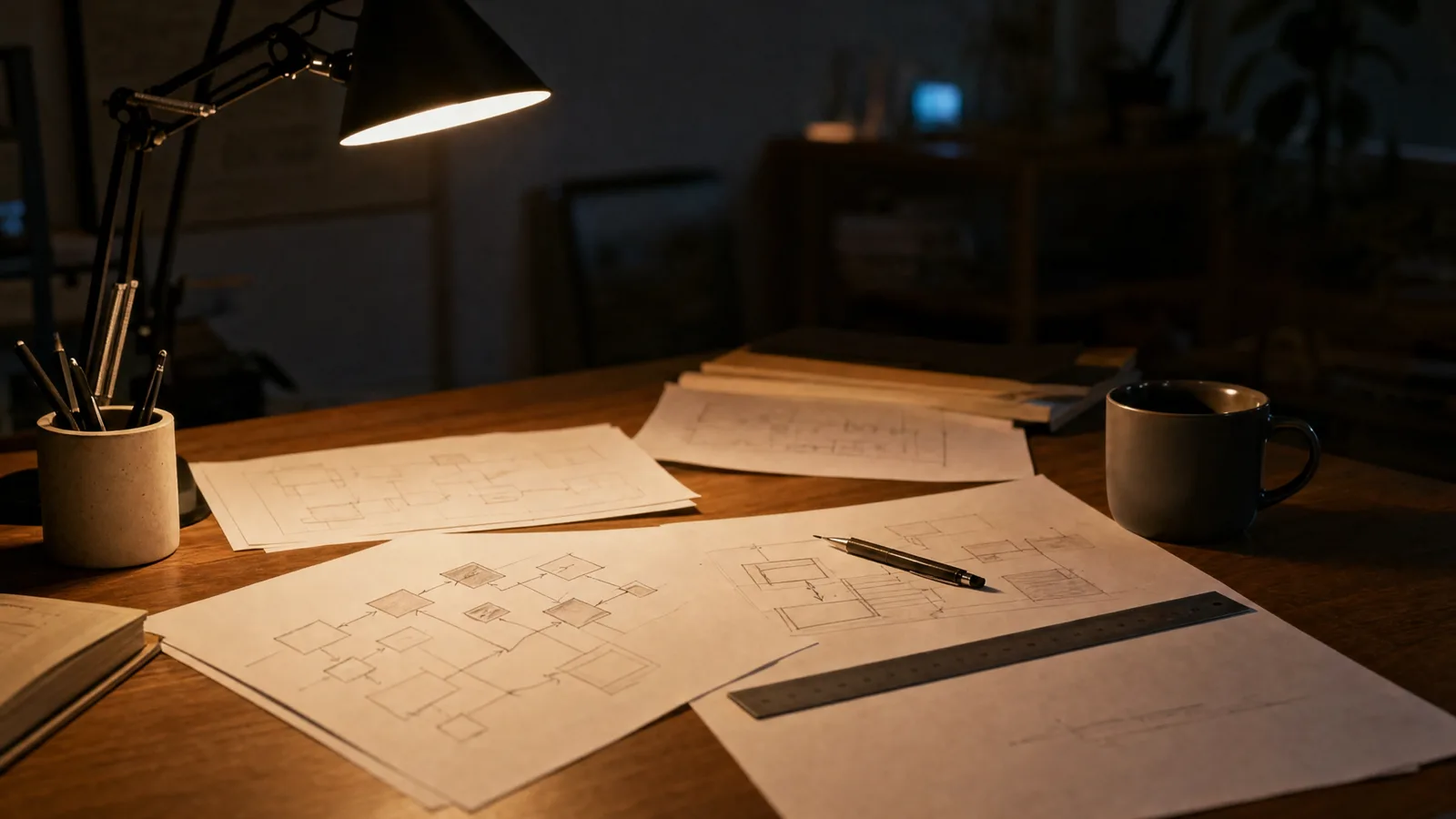 Printed system diagrams with boxes and arrows laid out on a desk under a warm lamp.