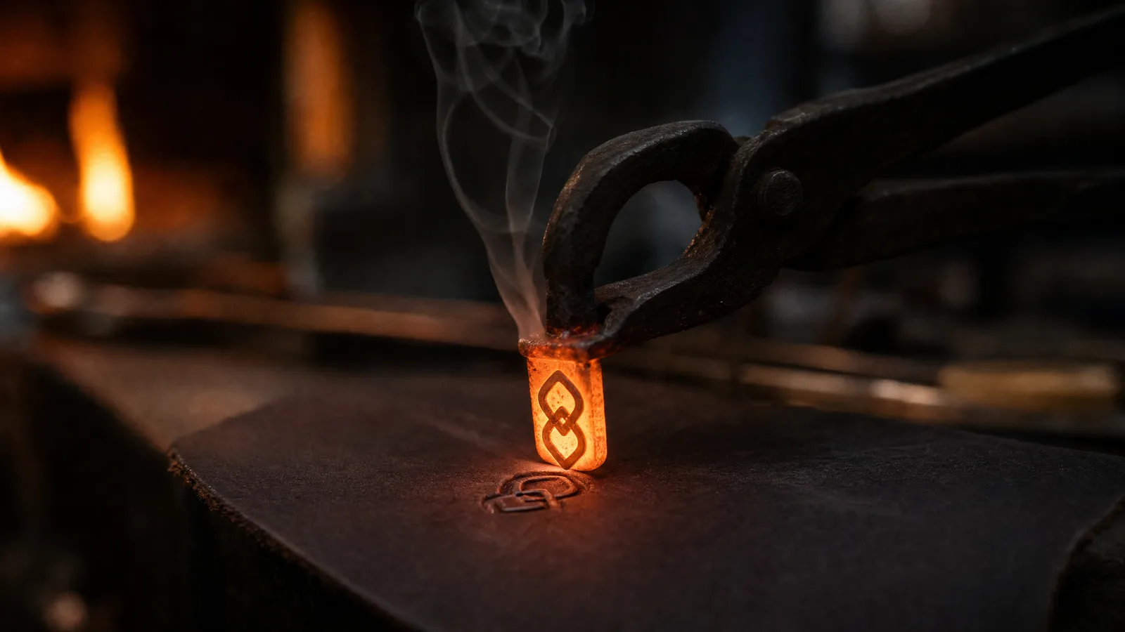 A glowing iron stamp pressed into dark leather on a workbench, a wisp of smoke rising.