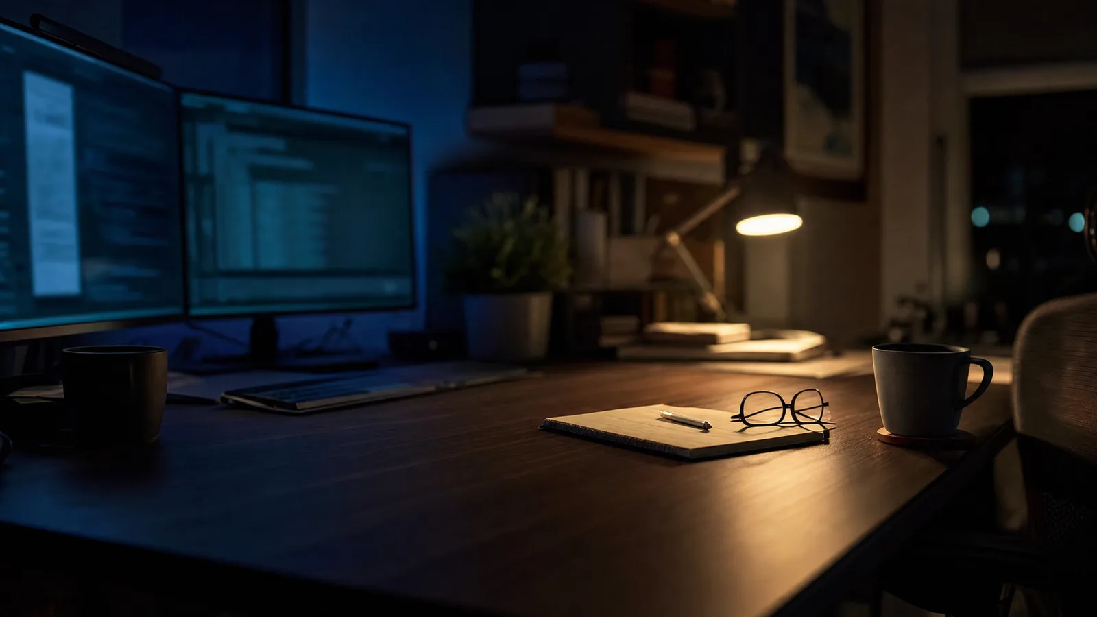 A senior engineer's home office late at night with a glowing monitor, reading glasses and a mug.